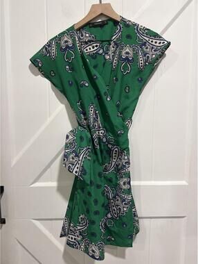 Zara Basic Green Paisley Wrap Dress, Size Small